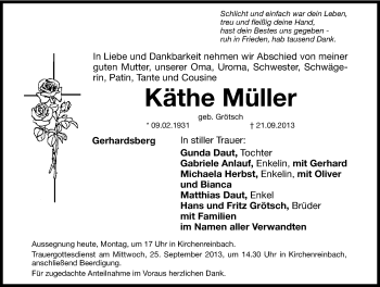 Traueranzeige von Käthe Müller von Hersbrucker Zeitung